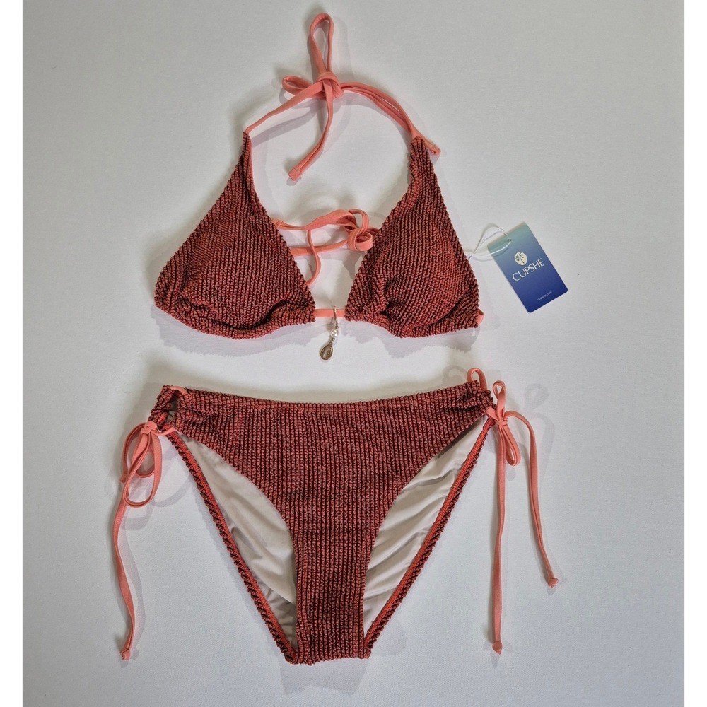 Cupshe Womens Smocked Triangle Bikini Set Orange Rust Textured‎ Small